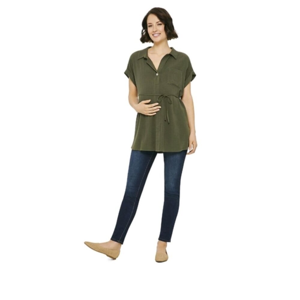 NWT Green Woven Button Up Shirt Maternity XL - Picture 6 of 7